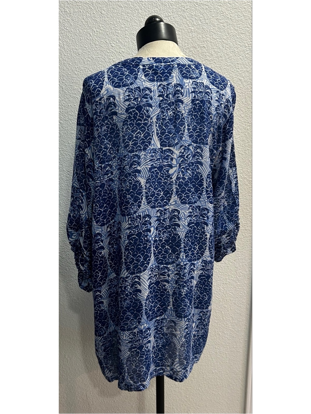 Blue Ginger Hawaiian Floral Aloha Blue Smocked Quarter Sleeve Dress Sz XL Rayon - Picture 2 of 6